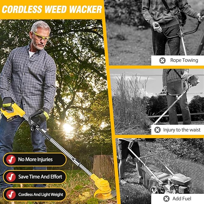 24V Electric Weed Wacker Cordless Grass Trimmer with 2x2000mAh Batteries & Fast Charger, 3 in 1 Stringless Lightweight Brush Cutter/Edger/Mower with 3 Types Blade & Wheels for Garden and Yard Lawn