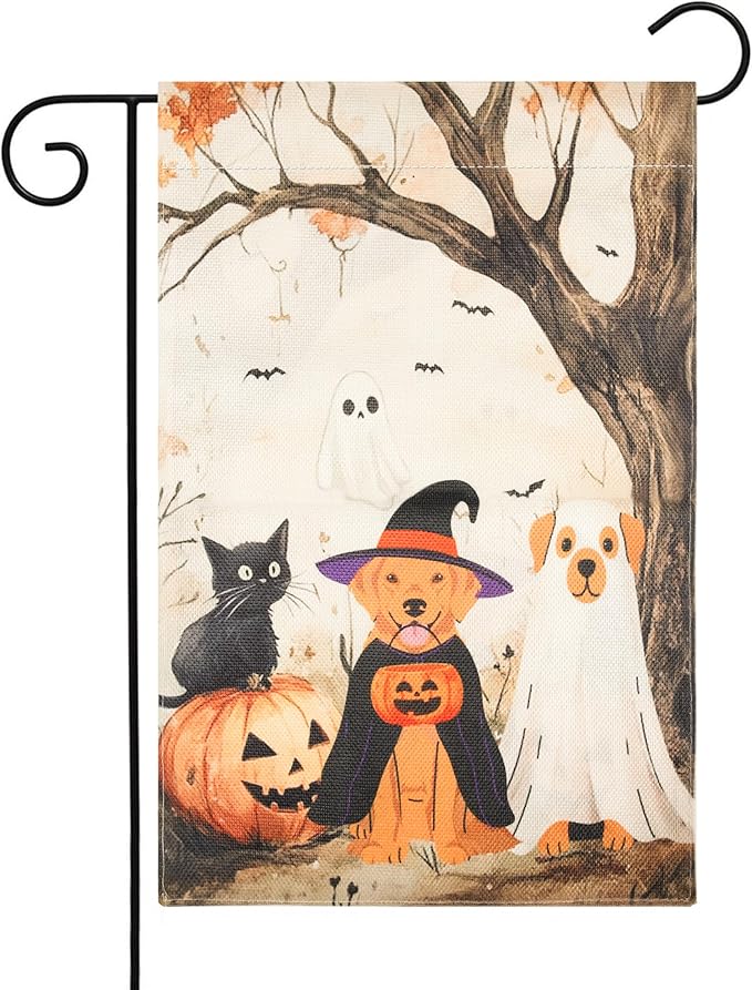 Halloween Garden Flag - Halloween Decorations Outdoor, Yard Flag for Outdoor Holiday Home Decor, Double Sided 12x18 Inch - Cat & Dogs