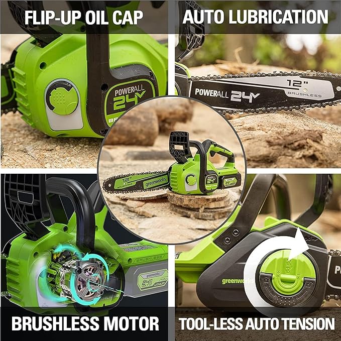 Greenworks 24V 12" Brushless Cordless Compact Chainsaw (Great For Storm Clean-Up, Pruning, and Firewood / 125+ Compatible Tools), 4.0Ah Battery and Charger Included
