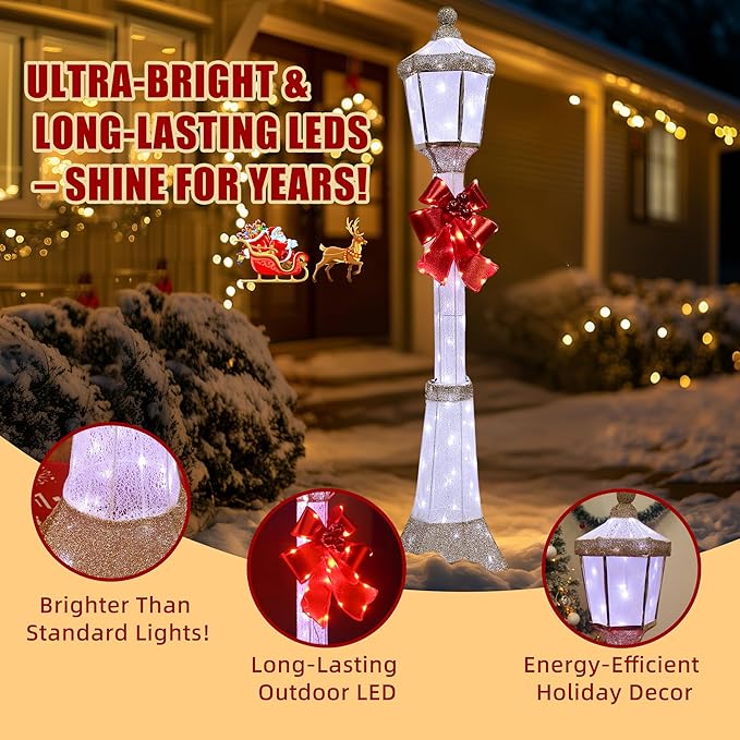 60-Inch Outdoor Christmas Decorations Outdoor Lighted Lamp Post 3D Lamppost LED Lighted Post Christmas Decoration with 128 LED Lights & Bow Holiday Decorations for Yard, Porch, Patio