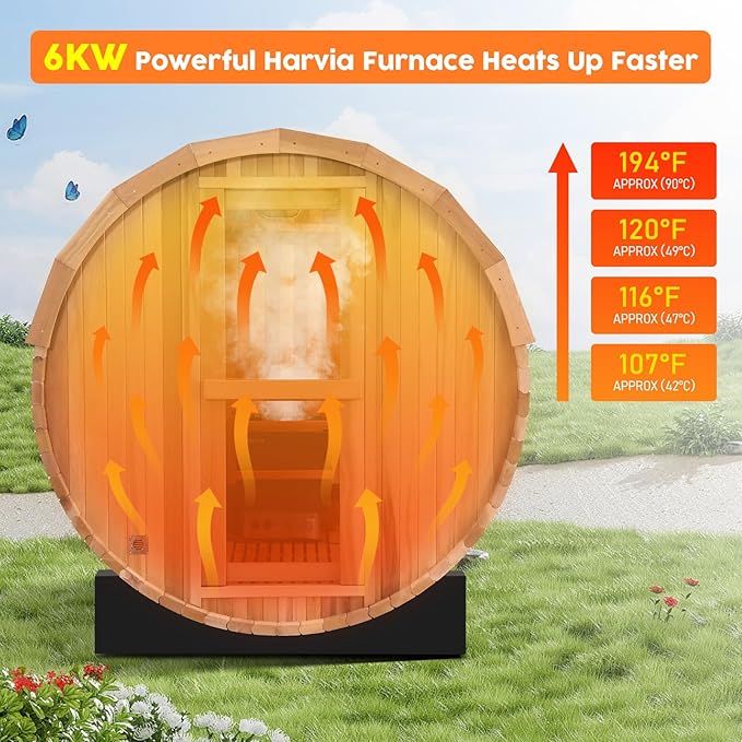 Outdoor Barrel Steam Sauna, 3 Person Wood Sauna Room with 4.5kw Harvia Electric Heater with Sauna Stone, Canadian Helmock Wooden Sauna, Sauna Accessories and Asphalt Shingle Roof (Helmock)