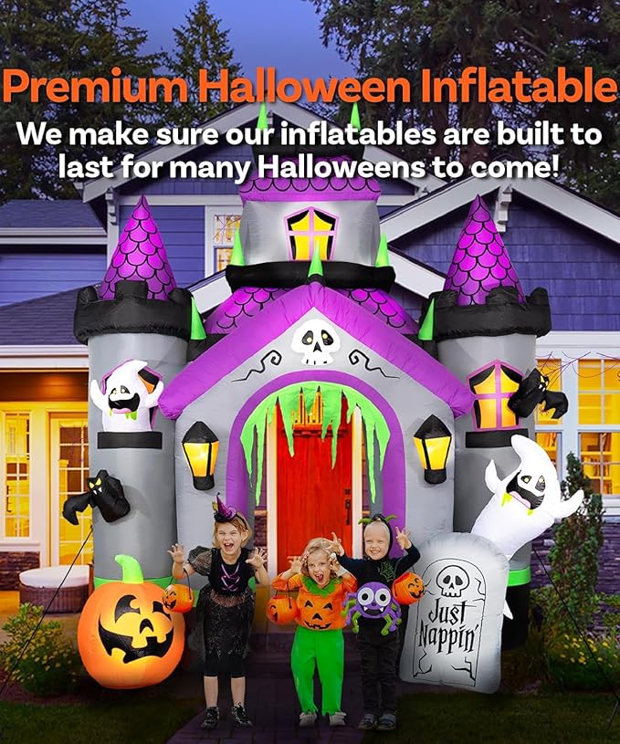 12FT Tall Halloween Inflatable Haunted House Castle, Halloween Blow Up Haunted House Inflatables Built-in 12 Bright LEDs for Halloween Inflatable Outdoor Yard Lawn Garden Decoration