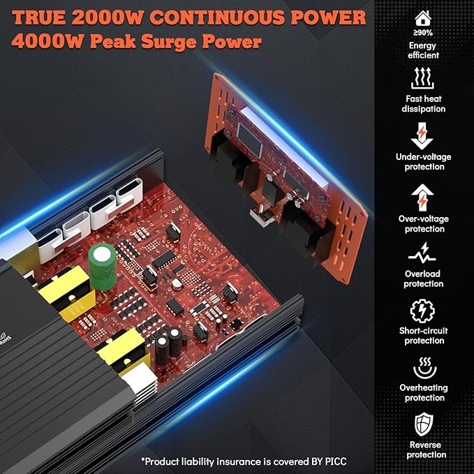 Power Inverter for Vehicle 2000 Watt Car Inverter 12V to 110V Modified Sine Wave Inverter with 2 AC Outlets, USB Port, Dual Smart Fans, Cables Included for Home, RV, Outdoor, Camping, Boat New Upgrade