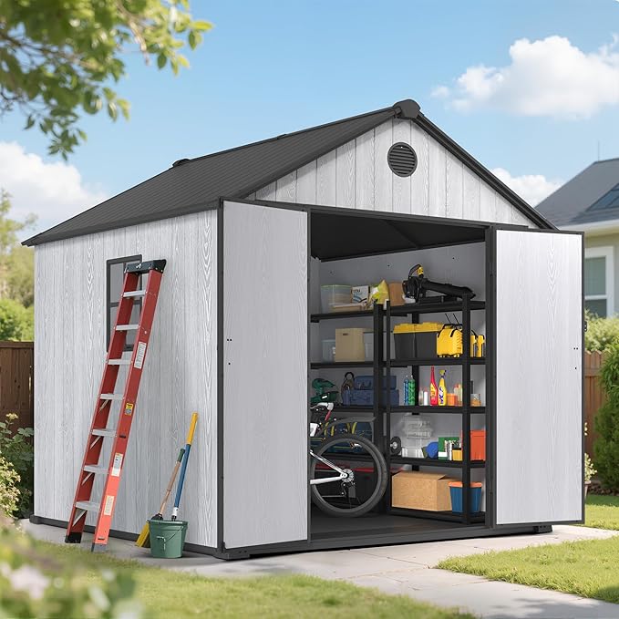 Seizeen 8x8 FT Outdoor Storage Shed, All-Weather Resin Plastic Shed with Floor, Window, Lockable Doors & Vents, Patio Garden Tool Shed for Storing Lawn Mower, Bike, Outdoor Furniture (Light Gray)
