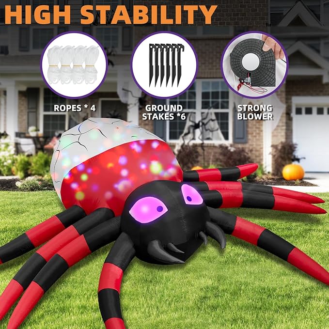 12FT Halloween Inflatable Scary Giant Spider Decorations Outdoor,Halloween Blow Up Yard Decorations Built-in 8 Rotating LED Lights,Party Decorations,Haunted House Decor,for Garden,Lawn.