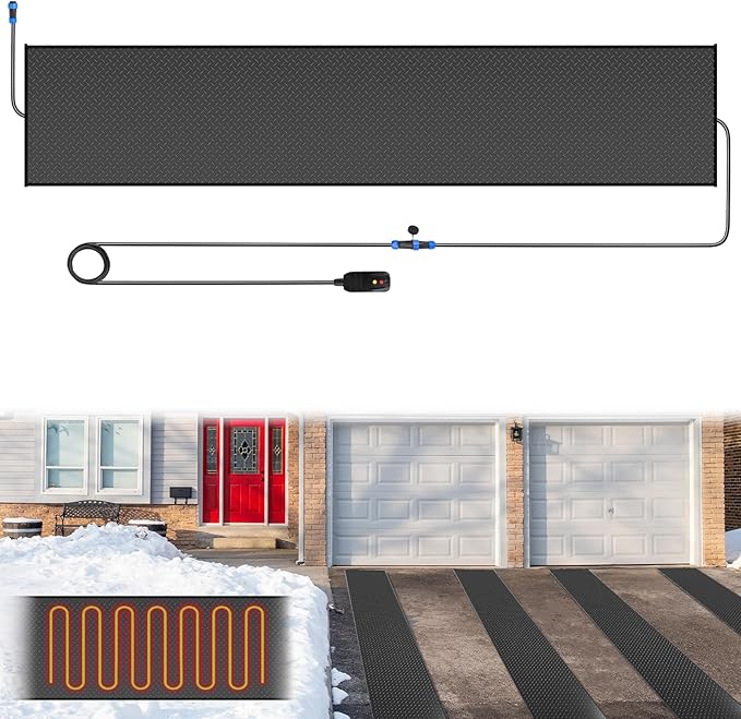 Snow Melting Mats Outdoor for Driveway and Walkways, 24in x 10 ft 1Pack No-Slip Rubber Heated Outdoor Mats with 10 ft Power Cord, 3 in/h Speed Snow and Ice Melting Pads for Backyards Snow Removal