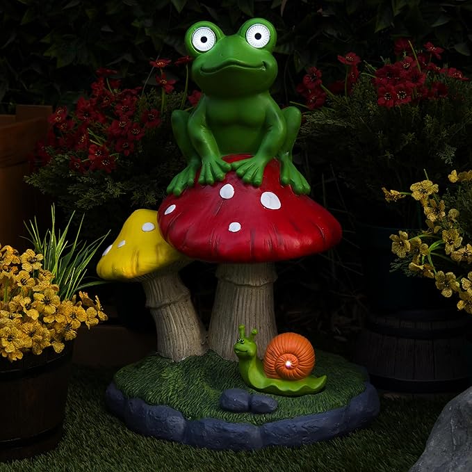 Alpine Corporation ZEN390SLR-L Frog on Mushroom Statue with LED Lights, Solar-Powered LED Frog Garden Statue, 24" H, Green
