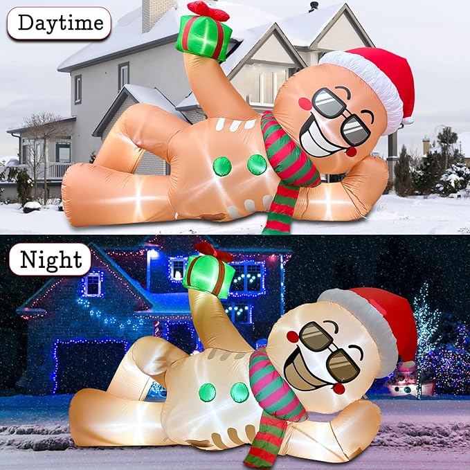 9.2 FT Inflatables Lying Gingerbread Man Outdoor Decorations, Blow Up Giant Inflatables Sleeping Gingerbread Man with LED Lights for Eaves Roof Lawn Xmas Winter Party Holiday Indoor & Outdoor Decor