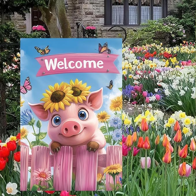 Spring Garden Flag 12x18 Inch Double Sided Outdoor Decoration Flags Welcome Pig with Sunflowers Colorful Floral and Butterflies Yard Banner for Spring or Summer