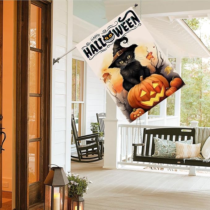 DECORLUXES Halloween Cat House Flag 28x40 Double Sided, Vertical Double Sided Happy Halloween Pumpkin Holiday Outside, Yard Outdoor Decoration for Hom (House + Garden flag)