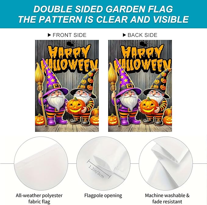 Halloween Horror Garden Flag 12x18 Inch Pumpkin Gnome Happy Halloween Flag Lantern Flames Outdoor Yard Decor House Banner Porch Lawn Patio Home Decoration