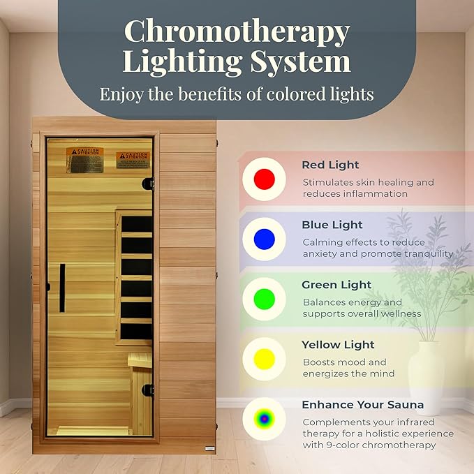 DYNAMIC SAUNAS Elite 1 Person Compact Ultra Low EMF FAR Infrared Sauna with Red Light Therapy & Bluetooth Speakers - Personal Indoor for Home & Gym