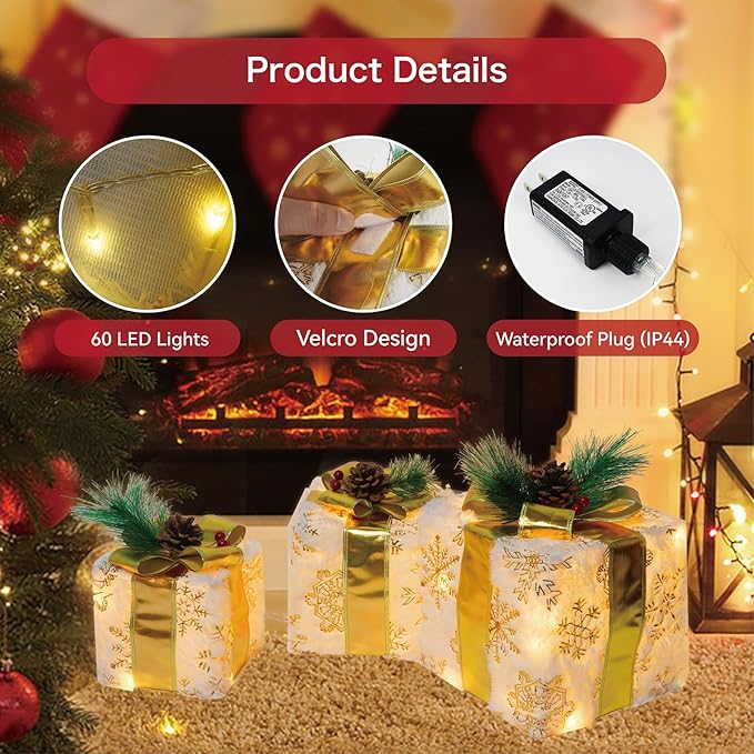 Set of 3 Christmas Lighted Gift Boxes, 60 LED Light Up Present Boxes for Christmas Decorations Indoor Xmas Tree Holiday Party Porch Home Decor (Gold Bow)