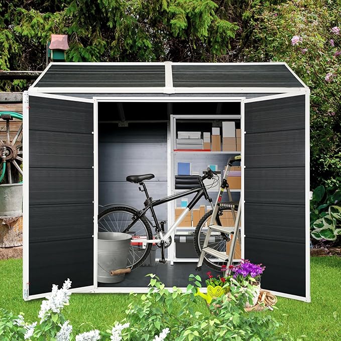 8x4ft Resin Outdoor Storage Shed with Two-Window and Double-Door, Plastic Shed with Floor for Gargen, Patio, Yard, Lawn, Grey (1 Doors) (Black, 4x8ft)