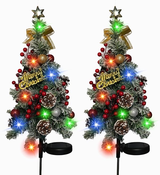 Solar Christmas Tree Outdoor Christmas Decorations,2 Pack 40 Led Light 2 Modes Outdoor Waterproof,Solar Powered XmasTree for Garden Yard Pathway Lawn Cemetery Decoration