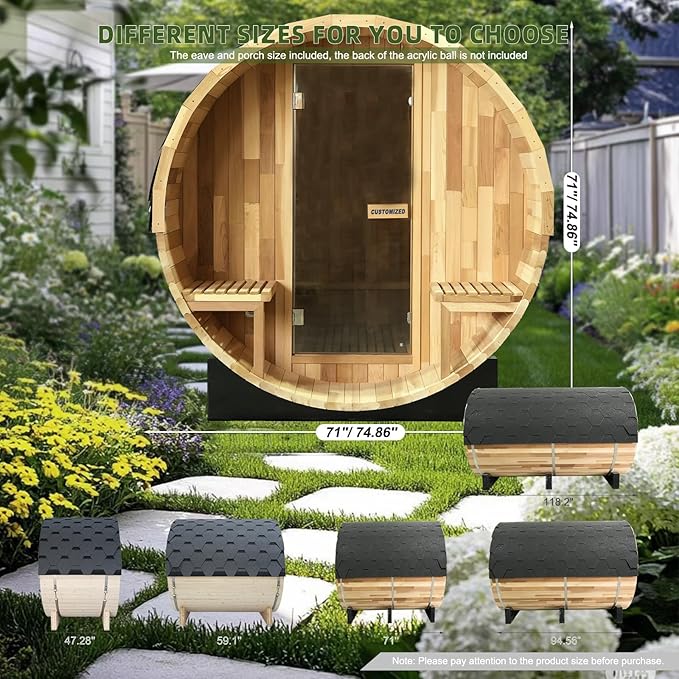 Smartmak Customized Outdoor Wood Barrel Steam Sauna, 2-10 Person Home Traditional Canadian Wooden Spa Room, with DIY Heating Stove, Rocks, Water Bucket, Spoon, Light, for Backyard, Garden, 195 ℉