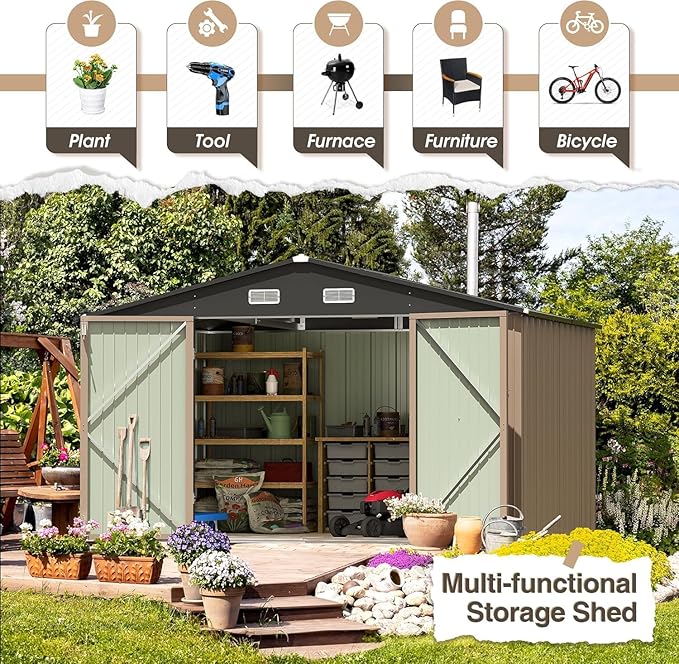 Furniwell 10x8 FT Outdoor Storage Shed, Metal Garden Sheds Outdoor Storage House with Single Lockable Door for Backyard Patio Lawn, Brown