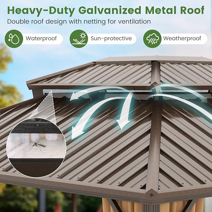 Tangkula 12x12 FT Hardtop Gazebo, Outdoor Permanent Pavilion Shelter with Netting & Curtain, Heavy-Duty Double Galvanized Metal Roof, Aluminum Frame, Outdoor Gazebo for Patio Garden Deck Lawn