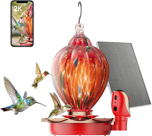 Smart Hummingbird Feeder with Camera, 2K HD Solar Panel Glass Bird Feeder with Night Vision&Water Sensor for Garden Decor, 148°View, AI Bird ID, Alexa & Google Compatible, IP66 Weatherproof