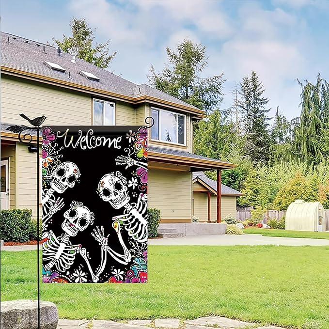 Halloween Skeleton Garden Flag 12x18 Inch Double Sided for Outside Skeletons with Flowers Yard Flag for Outdoor Holiday Home Decor