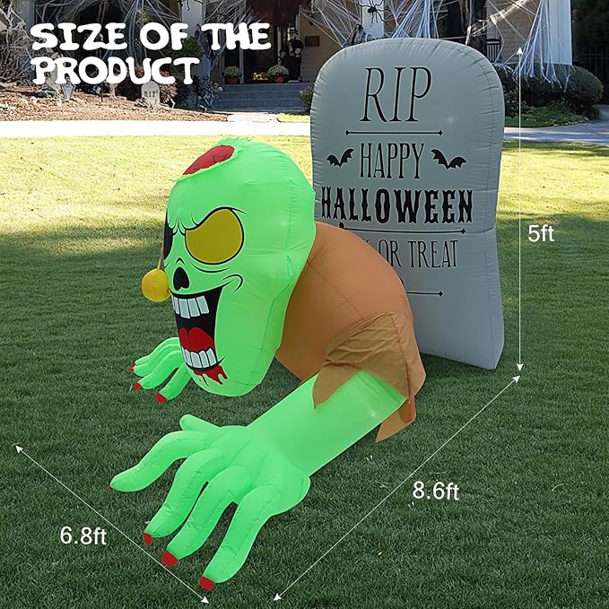 BLOOMWIN Halloween Inflatables Outdoor Decorations - 8Ft x 5Ft Scary Zombie & Tombstone Halloween Inflatable with Built-in LED Lights, Halloween Blow up Yard Decorations for Garden Patio Decor Indoor