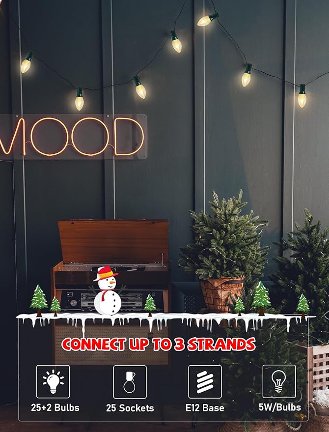 C7 Christmas Lights Outdoor, 25Ft Outdoor Christmas String Lights with 25 Warm White Incandescent Bulbs, Hanging Vintage Christmas Decorations Light for Roofline House Garden Patio Backyard