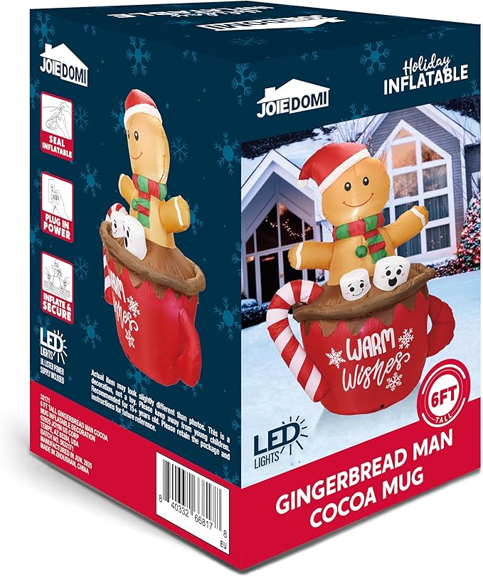 Joiedomi 6 FT Tall Christmas Inflatable Gingerbread Man in Hot Cocoa Mug with Build-in LEDs, Gingerbread Blow Up Yard Decoration for Xmas Party Outdoor Garden Decor
