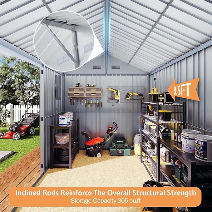 Jocisland 8.5x7.1x7.5 FT Outdoor Storage Shed, Lockable Double Hinged Doors and 4 Vents, Metal Shed for Backyard Storage, Dark Black/White