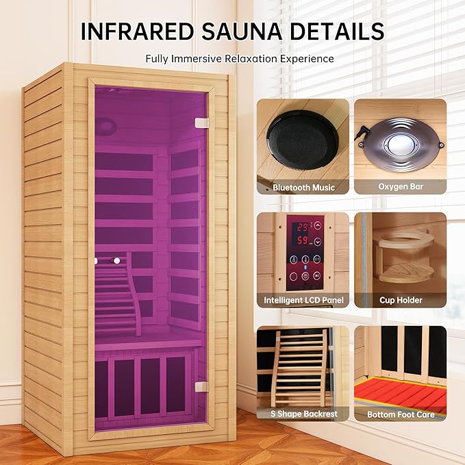 springspa Far Infrared Sauna 1 Person Indoor Sauna Spa Room, Canadian Hemlock Wooden Infrared Saunas for Home with Low Emf Lighting, Bluetooth Speakers, LCD Control Panel, 9 Chromotherapy
