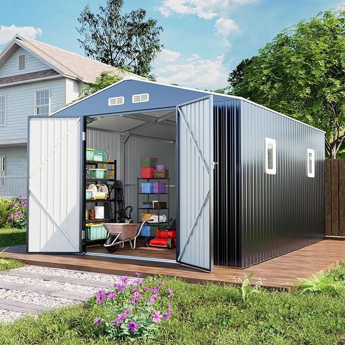WACASA Metal Shed 10x10 with Floor Kit Sheds Outdoor Storage, Natural Lighting Tool Sheds with Translucent Roof Panels, Windows, Lockable Doors, Ideal for Garden, Backyard, and Patio