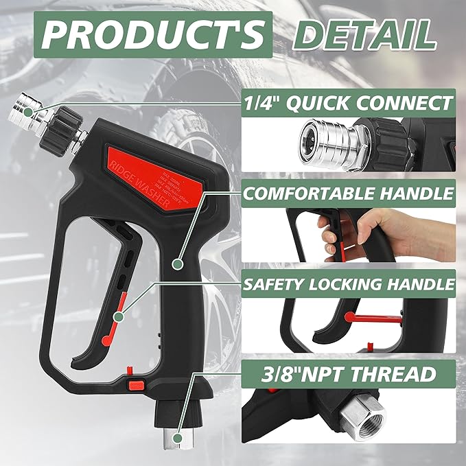 RIDGE WASHER Pressure Washer Gun 5000 PSI, 12 GPM, Power Washer Gun with Stainless Steel Extension Wand, Detachable M22 14 Male to 1/4" Quick Connect, 360° Swivel 3/8'' NPT Thread, M22 Fitting