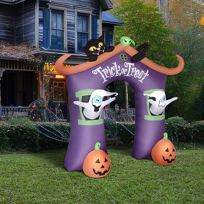Haunted Hill Farm 9-Ft. Pre-Lit Trick or Treat Walkway Arch Inflatable Yard Decor with Black Cat, Jack-O-Lantern, and Ghost, Halloween Outdoor Blow-Up, Festive Outdoor Decorations for Patio and Yard