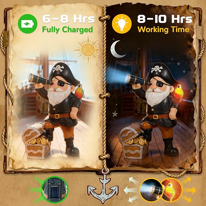 Solar Pirate Gnome Statue – Whimsical Outdoor Garden Decor for Yard, Patio, Lawn, Backyard – Ideal Gift for Women, Garden Lovers, Moms, Birthdays