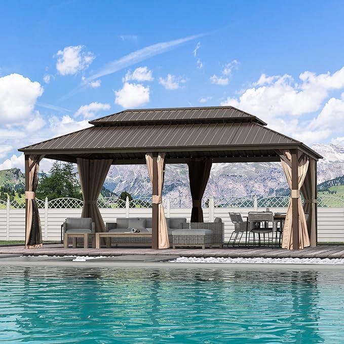 Domi 12'x20' Hardtop Gazebo Canopy - Outdoor MetalF with Galvanized Steel Double Roof, Curtain and Netting - Permanent Pavilion for Patio, Deck, Backyard