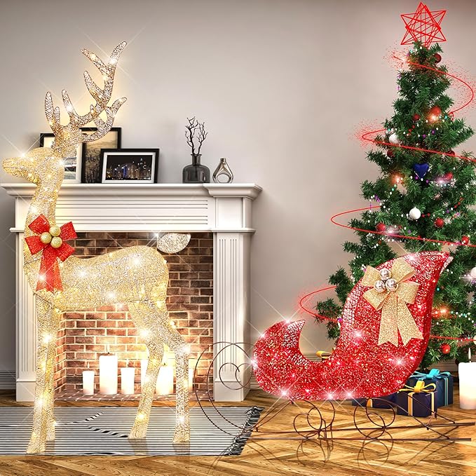 54”Christmas Deer Sleigh Set Outdoor Indoor Decoration 3D Lighted Reindeer Red Sleigh Holiday Display Christmas Tree Decorations Lighted up Santa Sleigh Porch/Lawn/Yard/Garden Addition