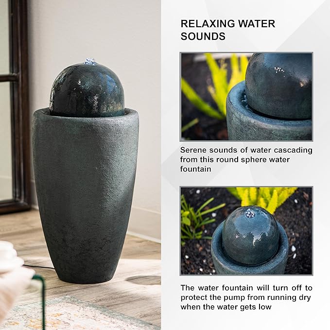 XBrand 25.98" H Round Stone Indoor/Outdoor Modern Stone Textured Sphere Water Fountain w/LED Lights, Ball Fountain Decor, Dark Green
