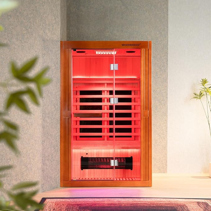 Woodbridge Infrared Home Sauna Room 2 Person Hemlock Wooden Indoor Sauna with 7 Carbon Heaters, Red Light Therapy, Bluetooth Speaker, Intelligent Control Panel, Tempered Glass & Top Vent