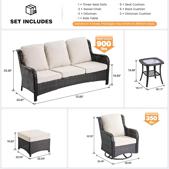 ovios 6 Pieces Patio Furniture Set, Outdoor Wicker Sofa Couch with Swivel Chairs Ottomans Comfy Cushions, High Back All Weather Modern Conversation Sets, Brown Rattan, Beige