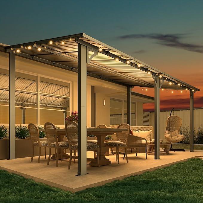 AECOJOY 16' x 8' Gazebo Outdoor Pergola for Patio, Hard Top Lean to 8x16 Gazebo Shelter Pergolas and Gazebos Clearance with Patio Roof, Large Wall-Mounted Heavy Duty Awnings for Patio, Decks, Backyard