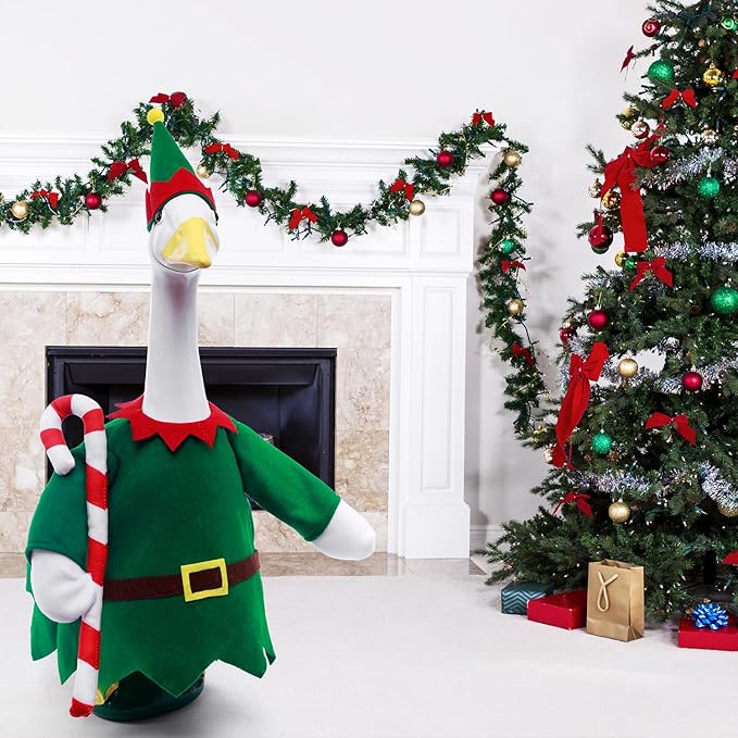 Christmas Toy Soldier Style Porch Goose Outfits,2 Pcs/Set Goose Clothes with Pointed Hat and Candy Cane Fits 23" Lawn Goose Statue,Green Christmas Outdoor Goose Costume,Yard Patio Garden Xmas Decor