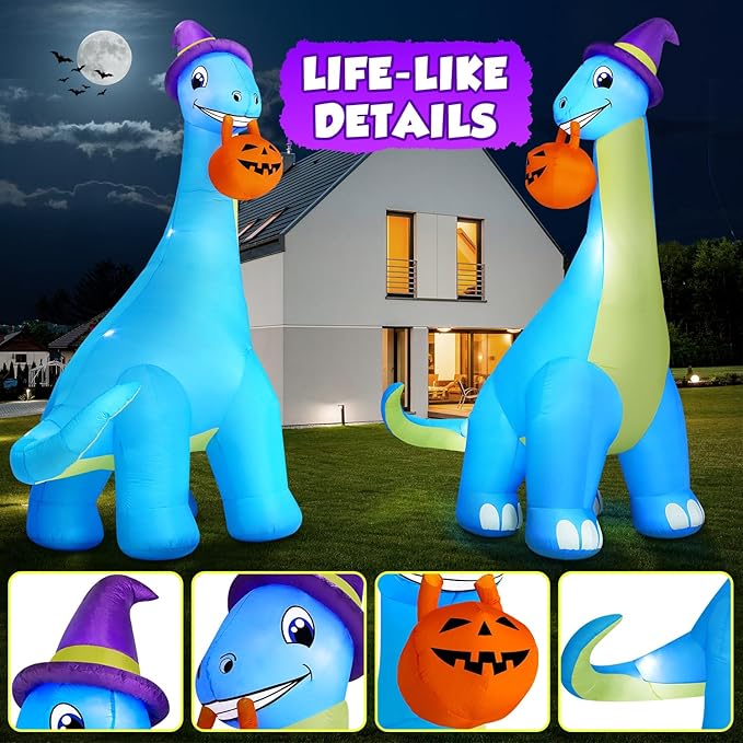 12Ft Giant Halloween Inflatable Decorations Dinosaur, Build-in LEDs & Strong Blower Bite Huge Pumpkin with Witch Hat Large Blow Up Halloween Yard Outdoor Indoor Holiday Party