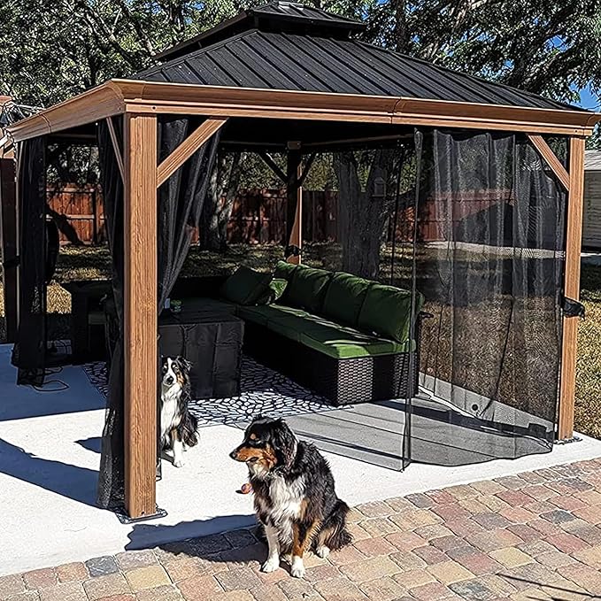 PURPLE LEAF 10' X 14' Outdoor Hardtop Gazebo for Patio Galvanized Steel Double Roof Permanent Canopy Teak Finish Coated Aluminum Frame Pavilion Gazebo with Netting