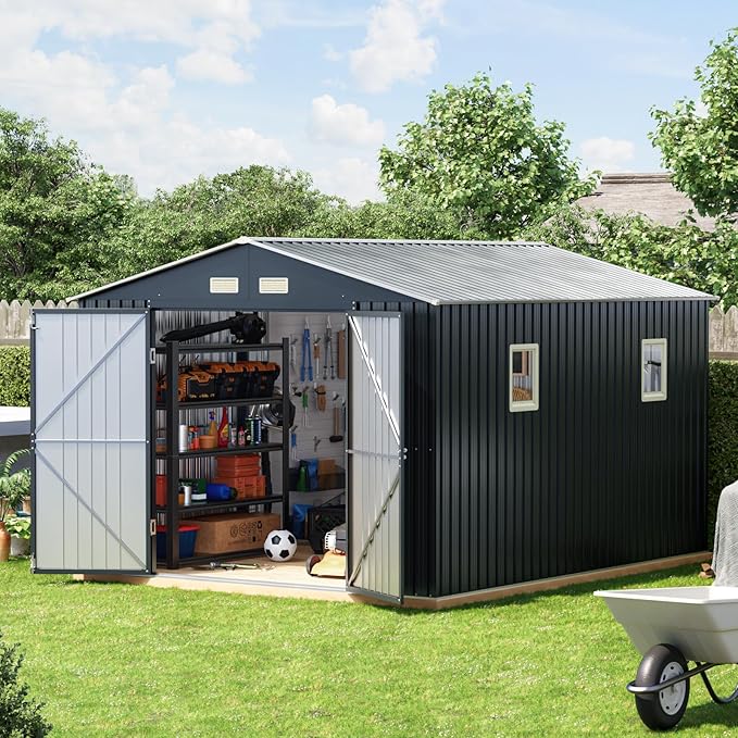 10x10 FT Outdoor Metal Storage Shed, Double Swing Doors, 2 Clear Windows,Tool Shed for Garden, Patio, Backyard Nightblue