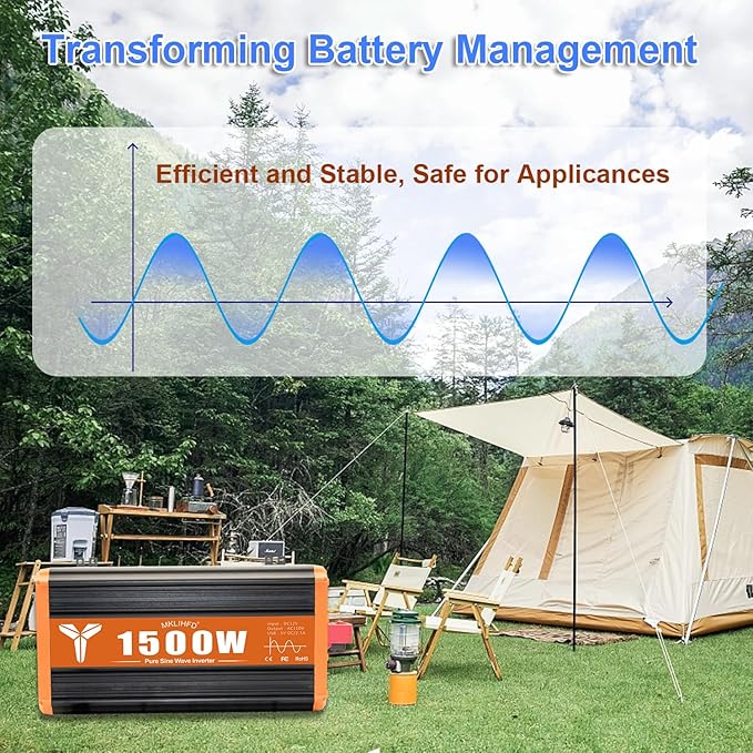 1500 Watt Pure Sine Wave Power Inverter 12V DC to 120V AC,3000W Surge Peak Power, Inverter for RV, Truck, Solar, Campers with 2 AC Outlet, 5V 2.0A USB, Remote Control Compatible with Lithium