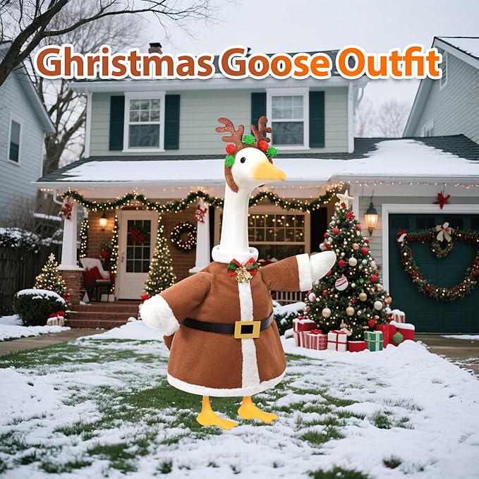 Christmas Porch Goose Outfit for Large 23" High Cement or Plastic Goose Statue, Yard Goose Cloths with Deer Antler Headband, Bell Bow Tie Decor for Outdoor Lawn Gaden Patio