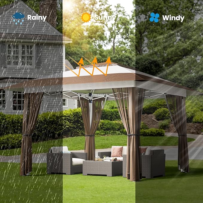 Bealife 13x13 Pop Up Gazebo Tent with Mosquito Netting, Outoor Canopy Tent with 4 Sandbags, 8 Stakes, 4 Ropes, Roller Bag, Pop Up Canopy for Lawn Backyard Garden Deck (Beige, 13x13)
