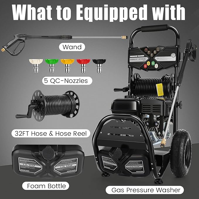Professional 4200PSI 4GPM 212CC Gas Pressure Washer, 7.0 HP Commercial Gas Power Washer with 3L Foam Bottle 10" Wheels 5 Nozzles 33FT Hose for Home Car Fence Driveway (EPA/CARB/ETL Compliant) 77LBS