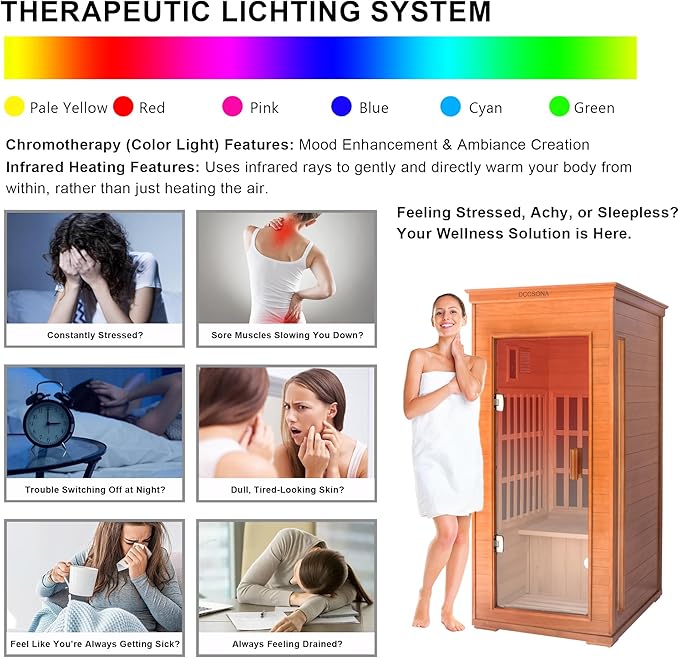Far Infrared Home Sauna 1 Person, 1000W 110V Dry Indoor Sauna Okume Wood with 4 Heating Panels, Bluetooth Speaker, LED Lights and Glass Door, Room: 37.8 x 30.3 x 65.4 inches