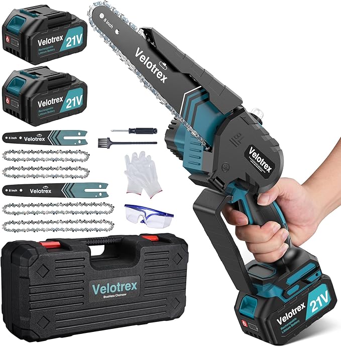 Professional Mini Chainsaw Cordless 8 inch + 6 inch, Electric Chainsaw Cordless with 2x4000mAh Batteries, Upgraded Brushless chainsaw with Auto Oiler for Tree Branch Wood Cutting