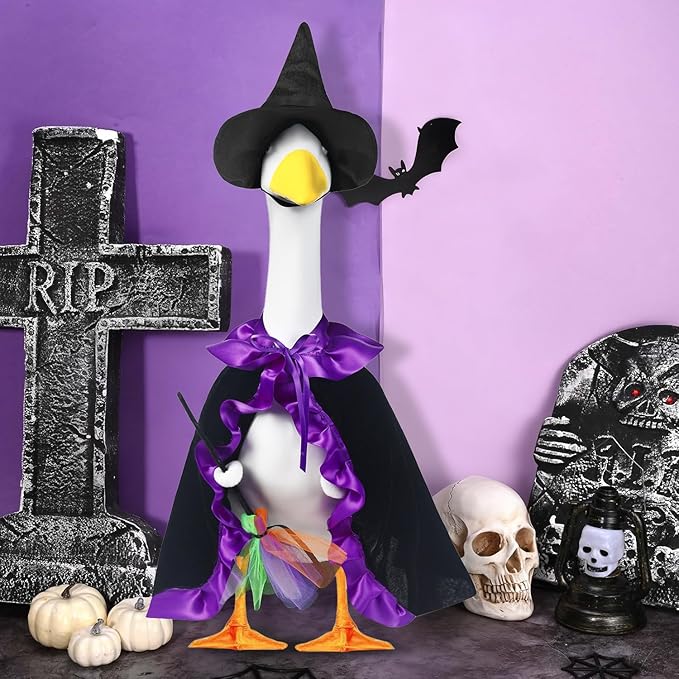 Halloween Porch Goose Witch Outfits Set for 23” Cement Lawn Goose Statue Clothes Broom Cape Costume for Patio Lawn Garden Art Decor